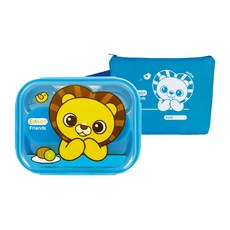 Edison Friends 系列不鏽鋼餐盤套裝 獅子圖案 附便當盒及餐具收納盒, 藍色, 不鏽鋼分隔餐盤1入 + 便當蓋1入 + 餐具收納盒1入 + 便當袋1入, 1組