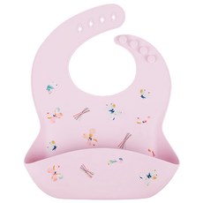 Loulou LOLLIPOP 寬口袋立體矽膠圍兜, 可愛設計圖騰手繪, 防水材質, 一件式好清洗, 四段式扣環脖圍可調整, 花蝴蝶, 1件