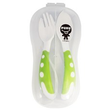 PUKU 藍色企鵝 玩味湯叉組, 適合12個月以上寶寶使用, 附收納盒, 耐熱至100°C, 青蘋果, 湯匙1入 + 叉子1入 + 收納盒1入, 1組