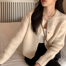 Y7411 復古小香風圓領針織外套, 全長49cm 肩寬37cm 胸寬45cm 袖長50cm, 米白