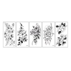 素描玫瑰花黑白紋身貼紙5款套組, BK-01, 1組