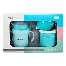 VIIDA Soufflé 三階段抗菌不鏽鋼學習杯組, 4個月以上適用, 304L抗菌不鏽鋼, 330ml, 1組, 湖水綠