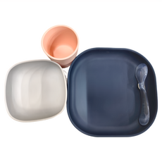 BEABA 矽膠學習餐具4件組 #913506, 414ml矽膠餐盤 + 295ml矽膠餐碗 + 177ml矽膠開口杯 + 第2階段矽膠湯匙, 夜藍色, 1組