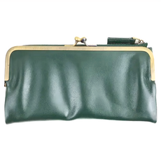 雙零錢袋口金女夾 高級羊皮 11卡位 4大鈔位 拉鍊袋, 綠色, 1個, 長