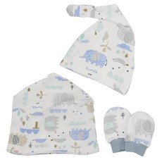 OhBabyLying 母嬰同款禮盒, 月子帽26 x 22cm/嬰兒帽17.5 x 16~17cm/防抓手套10 x 8 x 5.5cm/禮盒18 x 12.3 x 5.7cm, 藍色大象