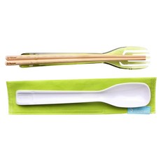 dipper 3合1檜木環保餐具 台灣檜木筷 食品級樹脂TRITAN湯匙與叉子, 筷子 + 湯匙 + 叉子 + 布套, 青嫩綠叉, 1組