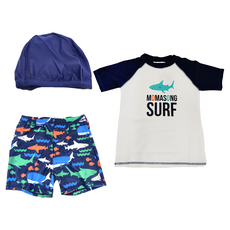 momasong 男童分體泳衣 短袖泳衣褲帽三件套裝 字母鯊魚 舒適透氣, 深藍, 10