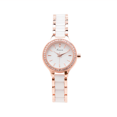 Kimio 浪漫圓舞曲陶瓷奢華點鑽邊框金屬鍊帶手錶, WKI6121, 白面白帶