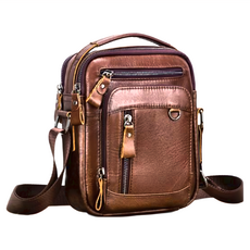 真皮頭層牛皮男士可手提豎款單肩包, 17 x 22 x 6.5cm, 深棕