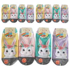 JY靴下屋 直版童襪12雙組 - 台灣製, 襪底止滑顆粒, 花圈兔, 7~12歲 19~23cm