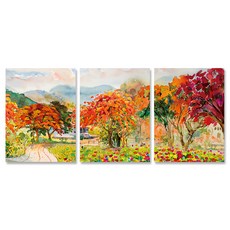 24mama 水彩油畫掛畫 三聯式 暈染 渲染 秋天 風景, 楓紅 橘紅色