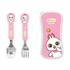 Edison 朋友 ST湯叉 Baby用 Set, 湯匙弧度設計, 叉子鋸齒結構, 兔子 粉, 湯匙+叉子+收納盒, 1組