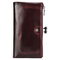 雙零錢袋口金包長夾女夾 頭層油蠟牛皮 內裡防磁裡布, 酒紅, 10 x 19 x 3cm
