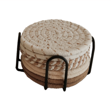 螺旋棉線杯墊組(套組), 單片直徑11cm/含鐵架高度6cm, 米杏色, 1組