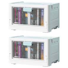 葉子小舖 摺疊收納箱 雙開門 pp塑料 透明面板, 特大, 藍色, 2個