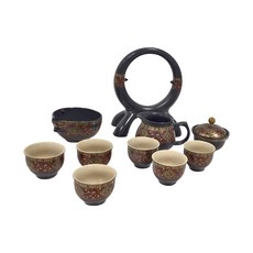 雲水如意自動茶具，金盞花紅陶瓷茶具套裝, 茶海 + 公杯 + 碗身 + 碗蓋 + 底座, 金盞花 + 紅色, 1個