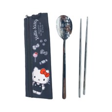 SHIERN-CHIU 廣億實業 Hello Kitty 簡易餐具組 304不鏽鋼, 黑色, 匙 208 x 40mm + 筷子 205 x 6mm + 收納袋 230 x 70mm, 1組