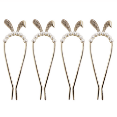 理享家 造型U型髮簪 兔耳珍珠 Set 4件 合金髮飾, 金色