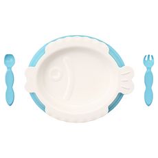 SIMPLA 玉米田 PLA嬰童魚盤叉匙組 - 天然PLA聚乳酸材質 耐溫..., 親吻魚盤+底座(24x19x3.5cm) + 小豆莢叉子(11.8x2.5x1cm) + 小豆莢湯匙(11.5x2.5x1cm), 藍色, 1組