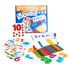 OhBabyLaugh 數字運算配對教具 Set, 數字配對卡1~10, 雙面運算卡牌30張, 彩色數數棒100支, 1-10數字積木1組, 藍色色筆, 擦拭布, 1組