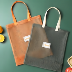 E.City 環保蔬果單肩購物收納網袋 尼龍網布 承重約3kg, 墨綠 + 橘色, 2個