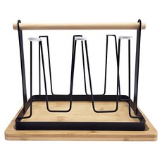 上手家居 日式馬克杯架 瀝水杯架, 杯架x1, 矽膠防撞套x6, 木質底座x1, 鐵藝木質, 黑色, 1個