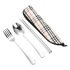 優思居 便攜式304不鏽鋼餐具, 銀色, 湯匙 + 叉子 + 筷子 + 袋子, 1組