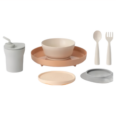 Miniware 天然聚乳酸小食客兒童學習餐具, 麥片碗 + 麵包盤 + 矽膠吸盤 + 矽膠上蓋 + 叉匙組 + 水杯組, 芝麻暖棕, 1組