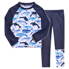 男童長袖分體泳衣 長袖上衣 + 泳褲,4XL,滿版鯊魚,1組