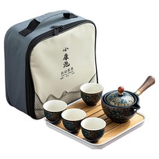 小康泡 360度自動茶具組 附收納包 陶瓷材質 墨青金盞花款 包含 旅行袋, 泡茶器17.6 x 9.2cm 150ml + 品茗杯6 x 4.6cm 60ml 4個 + 泡茶盤19.5 x 2.2cm, 1組