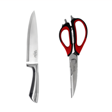 Mother Goose 鵝媽媽 不鏽鋼二入刀具組 Set 具開罐器和蓋子夾 人體工學設計, 1組, 主廚刀 33cm + 多功能料理剪刀 23cm