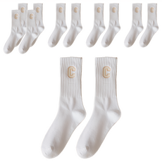 刺繡C字中筒襪6雙組, 學院風舒適透氣耐穿, 22cm~25cm, 白色