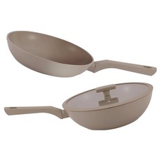 MASIONS 美心 GOOGOO 系列 奶茶陶瓷厚釜鑄造不沾雙鍋組, 奶茶, 平底鍋 28cm + 炒鍋 28cm, 1組