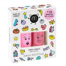 nailmatic KIDS POP組 兒童水漾亮彩指甲油套組 法國第一無毒品牌 無毒可水洗, 指甲油8ml x 2瓶 + 指甲貼, 1盒