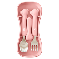 tgm 矽膠小熊造型不鏽鋼餐具組 Set, 不易滑落, 好掌握, 珊瑚粉, 湯匙 + 叉子 + 收納盒, 1組