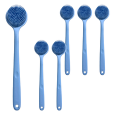 新升級好好握矽膠洗澡刷 輕量款, 食品級矽膠安全材質, 防滑手柄設計, 規格: 38x8x3.5cm, 重量: 約130g, 莫蘭迪藍, 1支, 6支