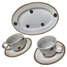 JUST HOME 圓點下午茶5件組, 12吋橢圓盤 x 1 + 盤 x 2 + 杯 x 2, 白色, 1組