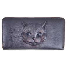 真皮頭層牛皮手工彩繪圖騰貓咪女士拉鍊長夾錢包 灰色 12卡位, 19 x 10.2 x 2.5cm