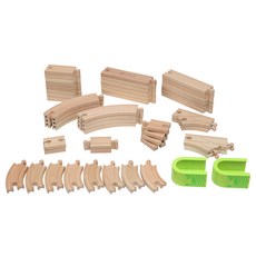 KCFriends 木製火車軌道 50枚 內含彎軌、直軌、Y形軌等火車軌道零件, 1組, 木頭色, 330 x 230 x 95mm