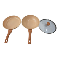 Queen Chef 韓國厚釜鑄造米陶瓷不沾鍋雙鍋3件組, 炒鍋 + 平底鍋 + 蓋, 奶油棕, 1組