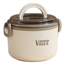 SUNORO 日式可微波圓形透明蓋便當盒 304不鏽鋼手提保溫餐盒 1.2L, 白色, 1個