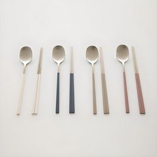 LaBONI 素色韓式湯筷4件組, 1組, 勺子 4p + 筷子 4p, 米白色,藍灰色,深米色,印度粉紅色