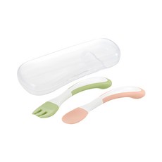Richell 利其爾 TLI 寶寶叉匙組, 柔軟易握, 附餐具盒, 粉色+綠色, 叉匙, 1組