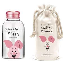 Disney 迪士尼 微笑小豬耐熱玻璃瓶袋組, 1組, 620ml, 粉色 + 透明色 + 米色