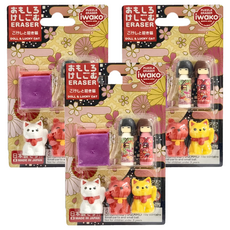 Iwako 造型橡皮擦17 - 小芥子和招財貓橡皮擦組, 招財貓與日本娃娃, 3組