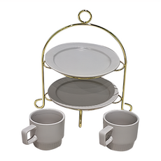 JUST HOME 條紋霧面陶瓷午茶5件組 含盤子 ..., 盤子(21.7 x 1.8cm) 2個 + 杯子(12.6 x 9 x 8cm) 2個 + 架子(30 x 22.5 x 32cm), 灰色, 1組