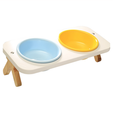 Catfeet 竹製高叉雙碗組, 天然實木碗架, 密胺材質, 碗架墊高器皿, 木製桌邊圓滑, 藍色 + 黃色, 1組