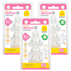 PiYOPiYO黃色小鴨媽咪乳感防脹氣標準口徑奶瓶用奶嘴XL十字孔3入/組食品級矽膠製成, 6個月以上, 3組