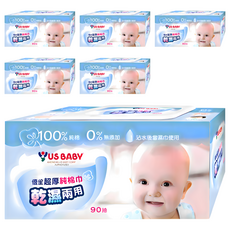 US baby 優生 超厚乾濕兩用純棉巾, 100%純棉, 0%無添加, 90抽, 90張, 6盒