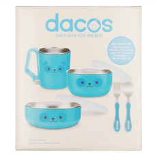 dacos 寶具 大口吃不鏽鋼餐具組 304不鏽鋼 不含BPA, 湯匙 + 叉子 + 大碗(含蓋) + 小碗(含蓋) + 杯 + 貼紙, 藍色, 1組